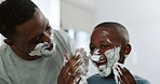 Skincare, cream and father with child in bathroom for shaving, beauty routine and wellness. Black family, happy and dad and kid with shave foam or soap for facial, bonding and quality time at home