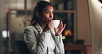 Coffee break, night and business woman working at office with computer data for job. Female professional, tea and online research for corporate deadline and lawyer report with hot drink and email