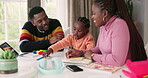 Family, child and count colors at home for education, learning and knowledge for parents with pride. African woman, man and girl kid playing or teaching creative art, mathematics or development