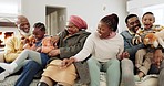Big family, living room and tickle on sofa with laughing, care and parent love with grandparents. Kids, elderly people and mother support with dad in a lounge with smile and embrace at home together