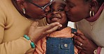 Kiss, face and grandmother, mom and child in house for love, care and a birthday. Smile, family and senior African woman with parents and a portrait of a girl kid together for happiness or solidarity