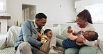 Black family of mother, father and children on sofa for bonding, healthy relationship and relax in living room. Happy, playful and African mom, dad and kids laughing on couch for fun, cuddle and love