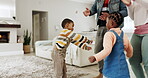Dance, happy and children with parents in a house with freedom, bonding or moving together. Smile, dancer and a black family with a move, crazy young kids and funny in the living room of a home