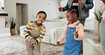 Dance, happy and face of children with parents in a house with freedom, bonding or moving together. Smile, portrait and a black family with a move, crazy and funny in the living room of a home