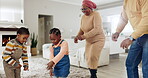 Children, grandparents and family dancing in home lounge with fun energy, happiness and love. African woman, man and kids celebrate freedom, time together and playing game for bonding visit at house