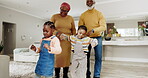 Family, children and grandparents dancing in a house with happiness, fun energy or bond of love. African man, woman and kids moving to music or celebrate time together while playing game with freedom