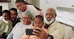 Family, selfie and silly face on sofa at home with mother, grandparents and children together. Social media, profile comic picture and love with smile in living room with kids laugh, care and support