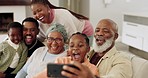 Family, selfie and laughing on sofa at home with mother, grandparents and children together. Social media, profile picture and love with mom, African elderly people and kid with laugh, care and happy