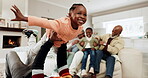 Happy, plane and relax with black family in living room for health, freedom and support. Love, smile and happiness with father and child playing at home for bonding, games and care together 