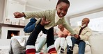 Father, kid and airplane game on floor in family home, living room and together with face, smile and excited. Black people, plane and playing with lift, air and bonding with love, care and lounge
