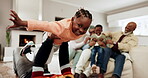 Happy, plane and playful with black family in living room for relax, freedom and support. Love, smile and happiness with father and child playing at home for bonding, game and care together 