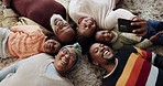 Selfie of grandparents, parents and children on floor for love, memories and relax together at home. Top view of black family, grandma and grandpa take picture with mom, dad and kids for bonding