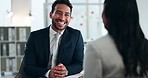 Happy, interview and business people in a meeting, talking or discussion of onboarding at company. Laughing, office and an Asian man or human resources speaking to an employee for recruitment