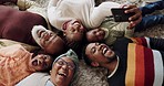 Selfie of happy black family with children on floor for love, bonding and relax together at home. Top view of grandma and grandpa take picture with mother, father and kids for social media memories