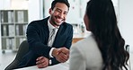 Smile, meeting and business people with a handshake in an interview for recruitment, deal or welcome. Happy, thank you and a human resources employee shaking hands with a worker for onboarding