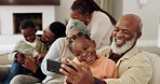 Family, selfie and happy laughing on sofa at home with mother, grandparents and children together. Social media, profile picture and love with African elderly people and kids with laugh and support