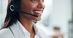 Customer service headset, mouth and happy woman consulting in telemarketing, telecom or help desk advice. Insurance agent consultation, closeup face and female consultant talking in call center chat