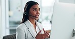 Customer support, computer video call and business woman consulting in sales telemarketing, telecom or webinar. Insurance agent, networking agent and female consultant explain on online conference