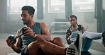 Health, fitness and dumbbell with couple in gym for workout, motivation and weights. Personal trainer, exercise and support with man and woman training for wellness, performance and challenge