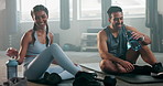 Coach, high five or happy woman at gym on a break in boxing exercise or workout for fitness support. Team, relax or sports athlete drinking water with personal trainer for progress, success or goal