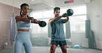 Health, fitness and kettlebell with couple in gym for workout, motivation and weights. Personal trainer, exercise and support with man and woman training for wellness, performance and challenge