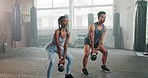 Fitness, man and woman with kettlebell and weightlifting, muscle and strong people in gym with bodybuilding. Couple workout with weights, training equipment with health and wellness at exercise club