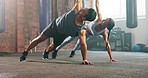 Health, fitness and exercise with couple in gym for workout, stretching and coaching. Personal trainer, body and class with man and woman training for wellness, performance and challenge together