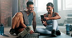 Phone, fitness and people happy at gym for training or exercise app on internet. Asian man and indian woman or workout friends with smartphone for funny meme or communication with personal trainer 