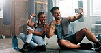 Flex selfie, couple and gym for exercise or fitness training with social media. Asian man or personal trainer and indian woman as workout friends taking profile picture for memory or influencer post