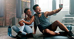 Couple, selfie and gym for fitness training or exercise with social media. Asian man or personal trainer and indian woman as workout friends taking profile picture for memory or influencer post