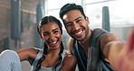 Face of happy couple, gym and selfie in training for photography together for fitness or wellness. Sports man, portrait and healthy woman smile for picture, memory or social media post after exercise