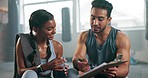 Gym subscription, personal trainer and woman with fitness, workout and training contract for class. Health club registration, smile and membership application for wellness and exercise agreement