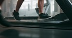 Feet, exercise and running shoes on a treadmill at gym for training and wellness of people. Closeup legs of athlete group together for cardio workout on machine for health, speed and fitness
