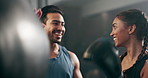 Boxer, high five or happy woman at gym with coach in exercise or workout for fitness or support. Teamwork, success or healthy sports athlete training with personal trainer for boxing progress or goal
