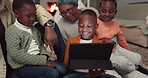 Children, tablet and grandparents or happy family at home watching movie or video for e learning. African woman, man and kids in lounge with technology for funny education, streaming or internet game