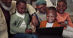 Tablet, family and grandparents with children at home to watch funny movie or video for e learning. African woman, man and kids together in lounge with tech for education, streaming or internet game