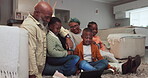 Family, tablet and grandparents with children at home watching movie or video for e learning. African woman, man and kids together in lounge with technology for education, streaming and internet game