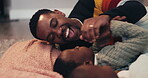 Happy, relax and funny with father and child in living room for love, support and playful together. Happiness, smile and bonding with man and kid in black family home for care, peace and calm