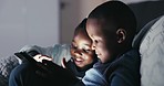 Black children, happy and tablet in home bedroom, bonding and smile together. African kids, tech and scroll in bed, streaming movie, film and video, social media or game, learning and typing at night