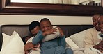 Black family, funny children with mom and dad in bed for playing or laughing in the morning together. Happy parents and kids in the bedroom for love, comedy or bonding while in their home to relax