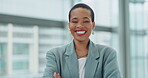 Face, lawyer and funny black woman in office, corporate company and smile on lens flare. Portrait, happy and confident African professional attorney, employee and business worker laughing in Kenya