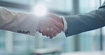 Business people, shaking hands and meeting, introduction or welcome to partnership deal and b2b opportunity. Corporate clients with handshake of recruitment, onboarding or job interview in lens flare