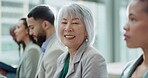 Face, smile and a business asian woman in a seminar with colleagues for training at a conference. Portrait, audience and female employee in a workshop for planning or coaching with an employee team