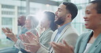 Business people, audience and meeting applause for workshop, presentation or news, thank you and praise, Professional diversity of men and women or group clapping, celebration and job congratulations