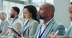Business people, learning and audience in conference for training, team and group with focus in presentation. Corporate, seminar and listening to speech in convention, tradeshow or meeting event