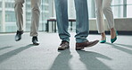 Dance, floor and legs of business people or friends for celebration, bonding and office fun. Shadow, corporate and feet or shoes of dancer people on the ground of a company for success or playful