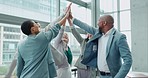 Business people, group celebration and high five in office for applause, goals or winning at finance agency. Men, women and smile for success, diversity or support for profit, bonus or trading stocks