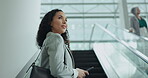 Phone, escalator and travel with business woman for social media, website and networking. Communication, conference and contact with female employee at airport for technology, email and mobile app