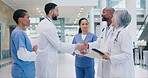 Doctors, nurses and handshake for healthcare welcome, introduction and onboarding, consulting and medical advice. Professional people in clinic shaking hands for opportunity, deal and tablet results