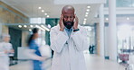 Black man, doctor and headache in time lapse, stress or anxiety from debt, overworked or tired at busy hospital. Frustrated African male person, medical or healthcare in mistake, migraine or chaos